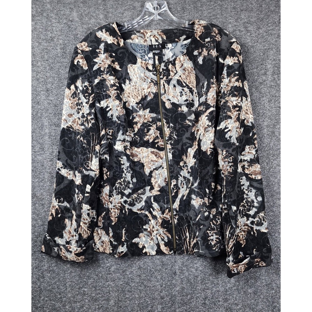 RQT Corduroy Zip‎ Up Jacket Womens XL Black Tan Floral Paisley Art to Wear